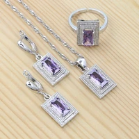 silver 925 wedding jewelry set for woman earrings chain pendant open ring square purple cubic zirconia jewelry kit