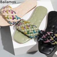 bailamos women slippers beach outdoor female flip flop fashion weave summer fashion slides open toe ladies flats casual shoes b