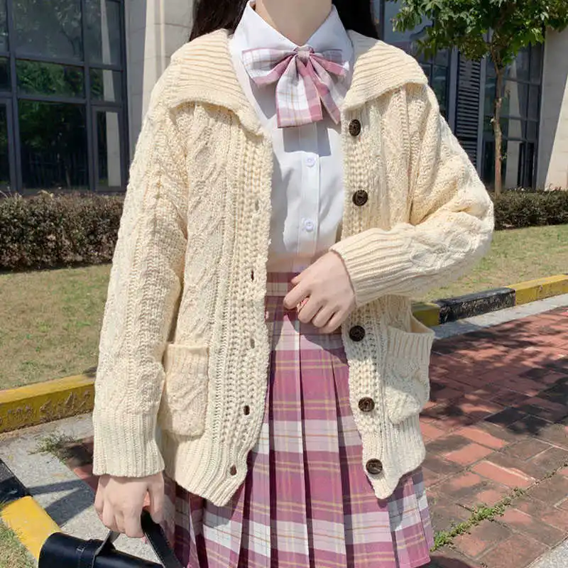 

n Spring Harajuku Preppy Style Sweet Open Stitch WomenS Sweater Turn-Down Collar Button Slim Ladies Sweaters