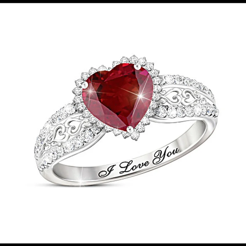 

Romantic Heart-shaped Red Crystal White Zircon English Alphabet Wedding Engagement Ring for Women Jewelry