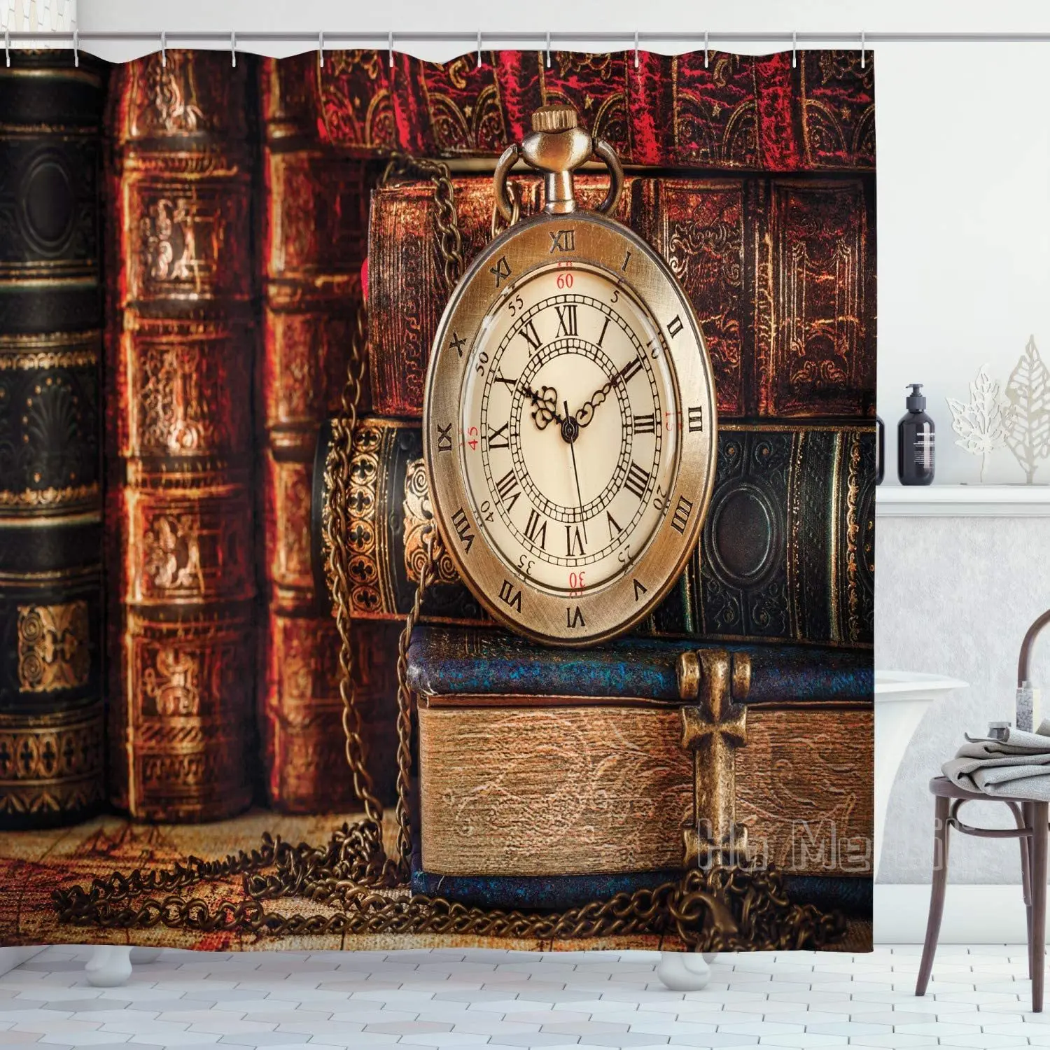 

Antique Shower Curtain Nostalgic Classic Pocket Watch On The Background Of Old Books Dated Archive Bathroom Decor