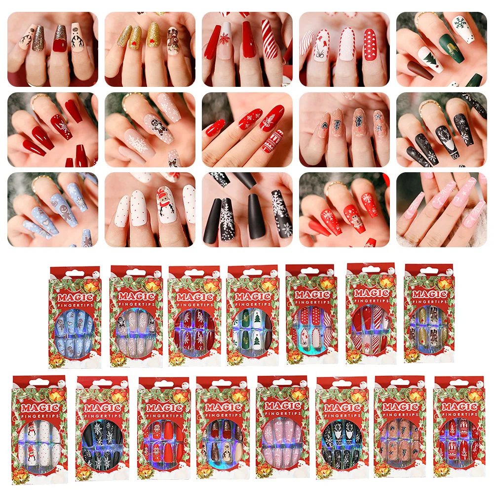 

24pcs Fake Nails with Christmas Designs Nail Art Women Gift Press on Full Cover Tips Artifical Extra Long Coffin False Nails