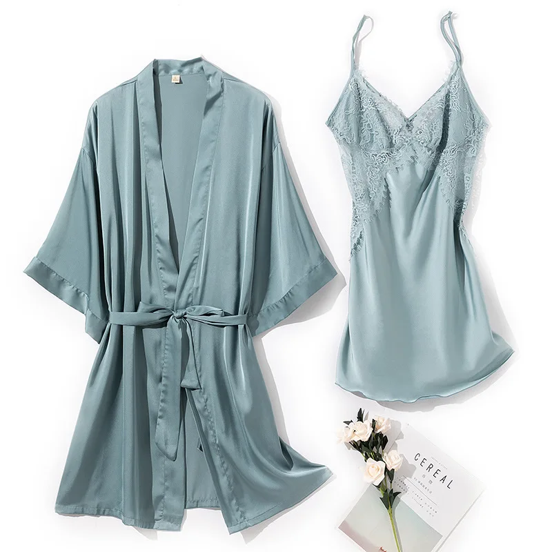 

Sexy Bride Bridesmaid Wedding Gown Women 2 Piece Robe Sets Satin Nightdress Intimate Lingerie Lace Sleepwear With Pads Homewear