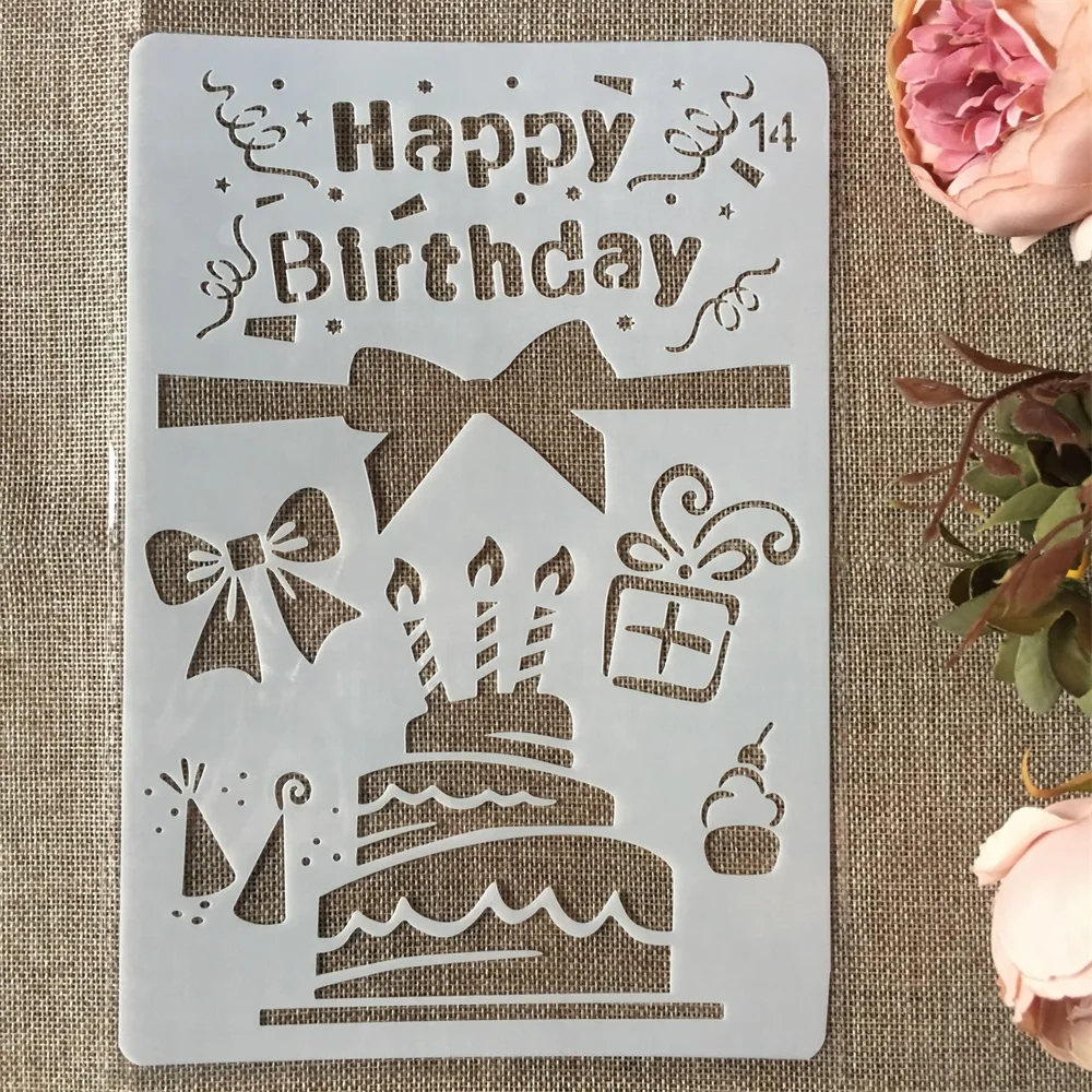 

New 26cm Happy Birthday Cake DIY Craft Layering Stencils Painting Scrapbooking Stamping Embossing Album Paper Card Template