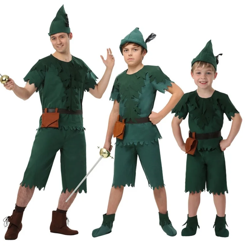 

Детский и взрослый костюм Питера Пэна, футболка с ремнем в виде шляпы, для Хэллоуина, косплея, вечеринки, для мальчиков