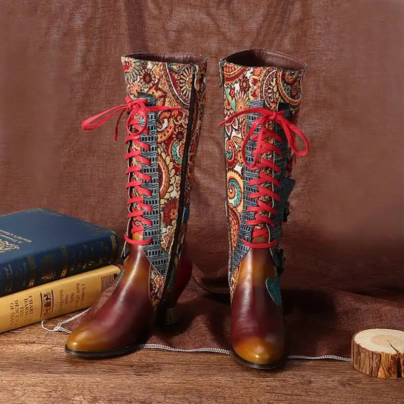 

SOCOFY Retro Bohemian Women Synthetic Stiletto High Heel Pointy Toe Zip Lace Up Ankle Boots Vintage Genuine Leather ladies Boots