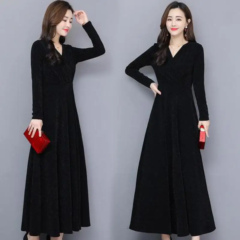Maxi Dresses For Women Fashion Bright Wire Long Sleeve Slim A-line Party Robe Plus Size Ladies Solid Black Elegant Dress Vestido | Женская