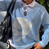 women autumn long sleeve v neck sweater striped skull pattern blue pullover tops harajuku punk style casual loose knitwear jumpe