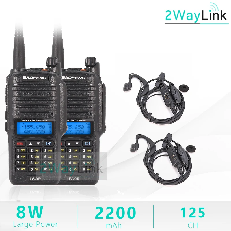 2Black 2Headset Обновление Baofeng UV-9R IP67 Водонепроницаемый УФ Двухдиапазонный 136-174/400-520MHz Ham Радио Baofeng 8 Вт рация 10 км UV-9R плюс UV-XR - Цвет: 2Black 2Headset