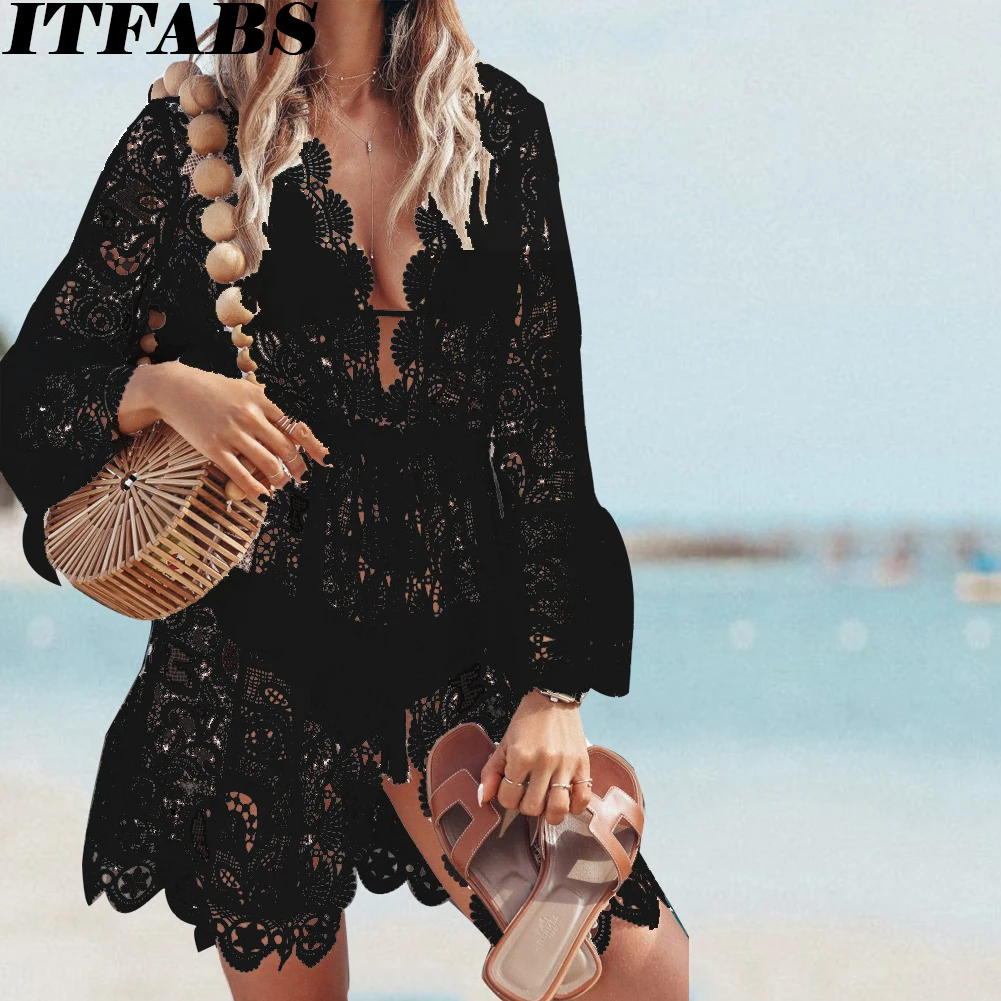 

New Hot Summer Lace Croche Women Sexy Crochet Bikini Cover Up Floral White Black Bathing Swimwear Beach Suit Summer Dress Tops