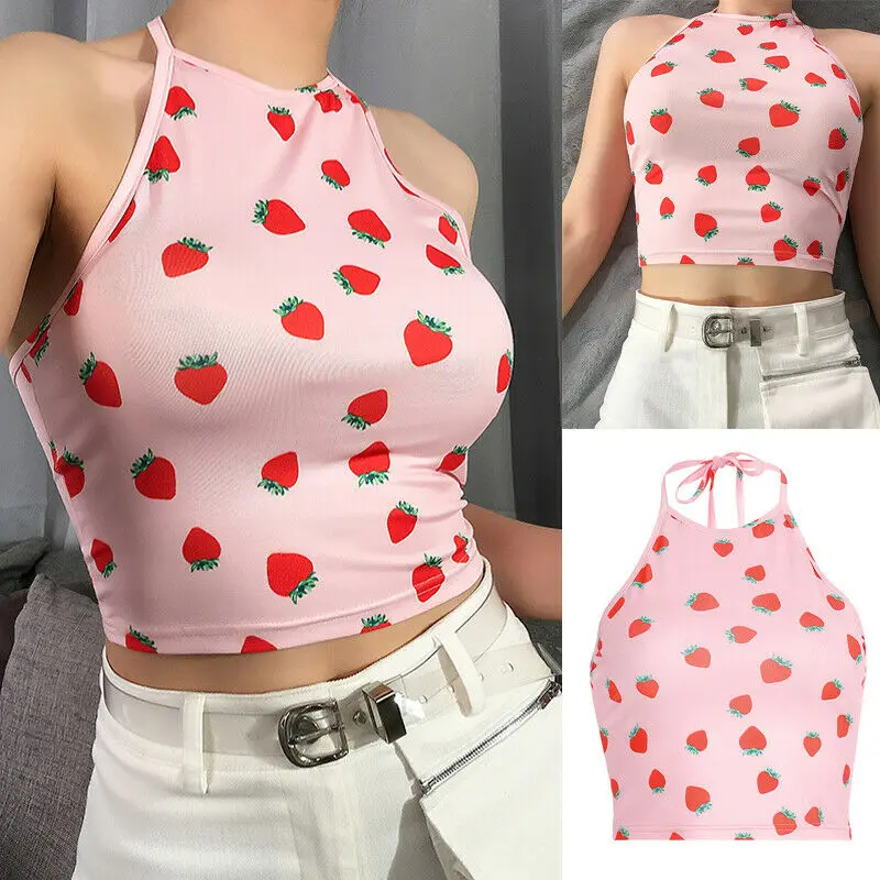 

Женский приталенный жилет с лямками в виде клубники, кроп-топы на бретельках, летняя рубашка, блузка, накидка на бикини, пляжная одежда