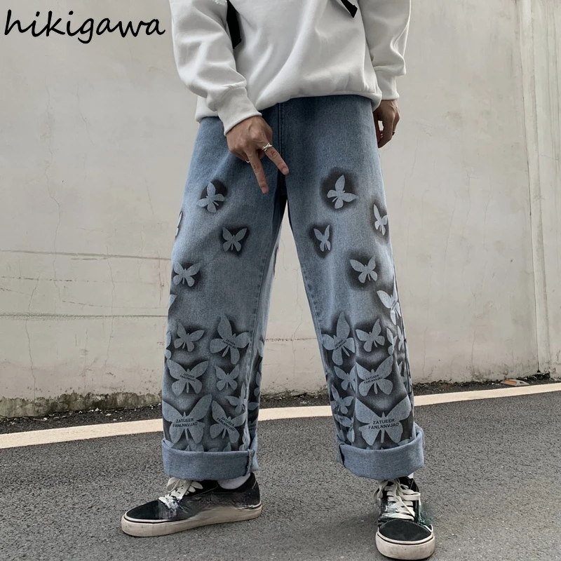 

Hikigawa Mujer Pantalones Casual Straight High Waist Jeans Korean Retro Butterfly Streetwear Wide Leg Pants Loose Slim Trousers