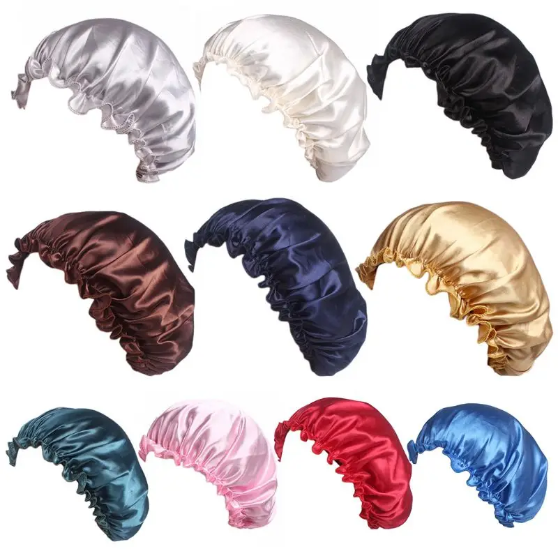 

Women Satin Silky Bonnet Sleep Night Cap Shiny Solid Color Ruffles Hair Loss Chemo Hat Elastic Curly Hair Head Cover