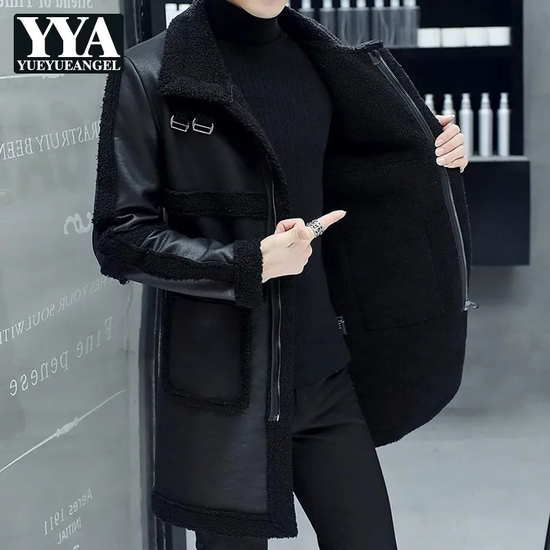 Модное мужское пальто средней длины из искусственной кожи с флисовой подкладкой