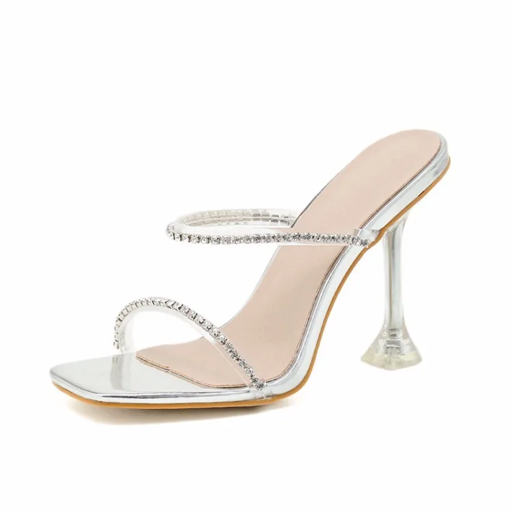 Fashion Thin High Heels Women Sandals Shoes Women Square Toe PVC 10CM Slip On Rhinestones sandal women shoes 2023 size 35-42