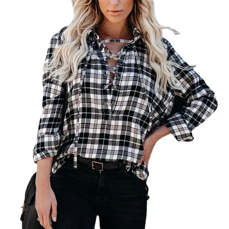 

Женская Повседневная рубашка в клетку с поясом и завязкой, откровенная блузка с глубоким V-образным вырезом, Женские топы с длинным рукавом ...