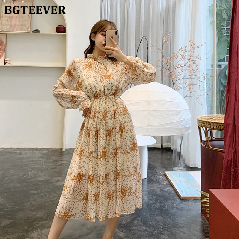 Платье BGTEEVER женское шифоновое с длинным рукавом цветочным принтом и воротником