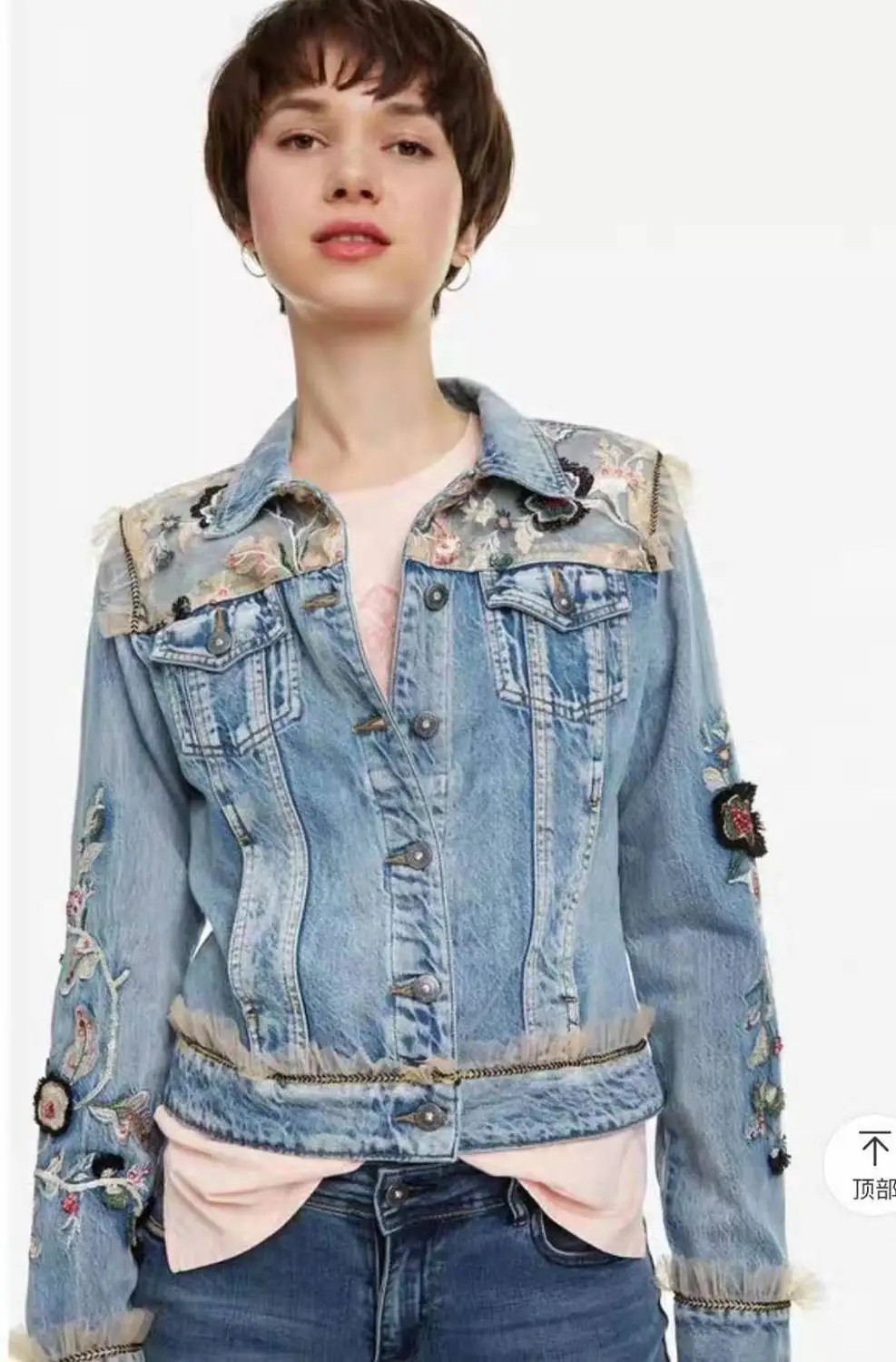 Джинсовая куртка в испанском стиле с цветочной вышивкой|Женские куртки| |