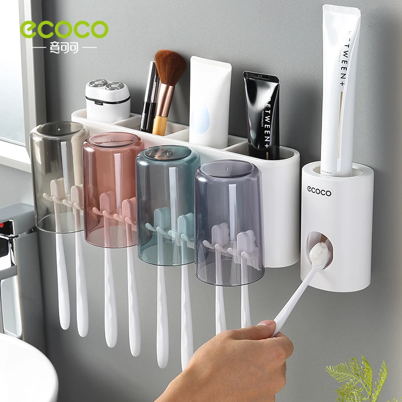 

Ecoco Multifunction Couple Family Toothbrush Rack Freepunching Mouthwash Brushing Cup Wall-mounted Bathroom Wall-mounted Storage