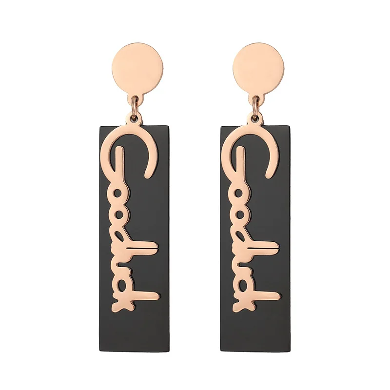 

European And American Personality Earrings Round Plate Hanging Goodluck Rectangular Plate Earrings Rose Gold Titanium Steel