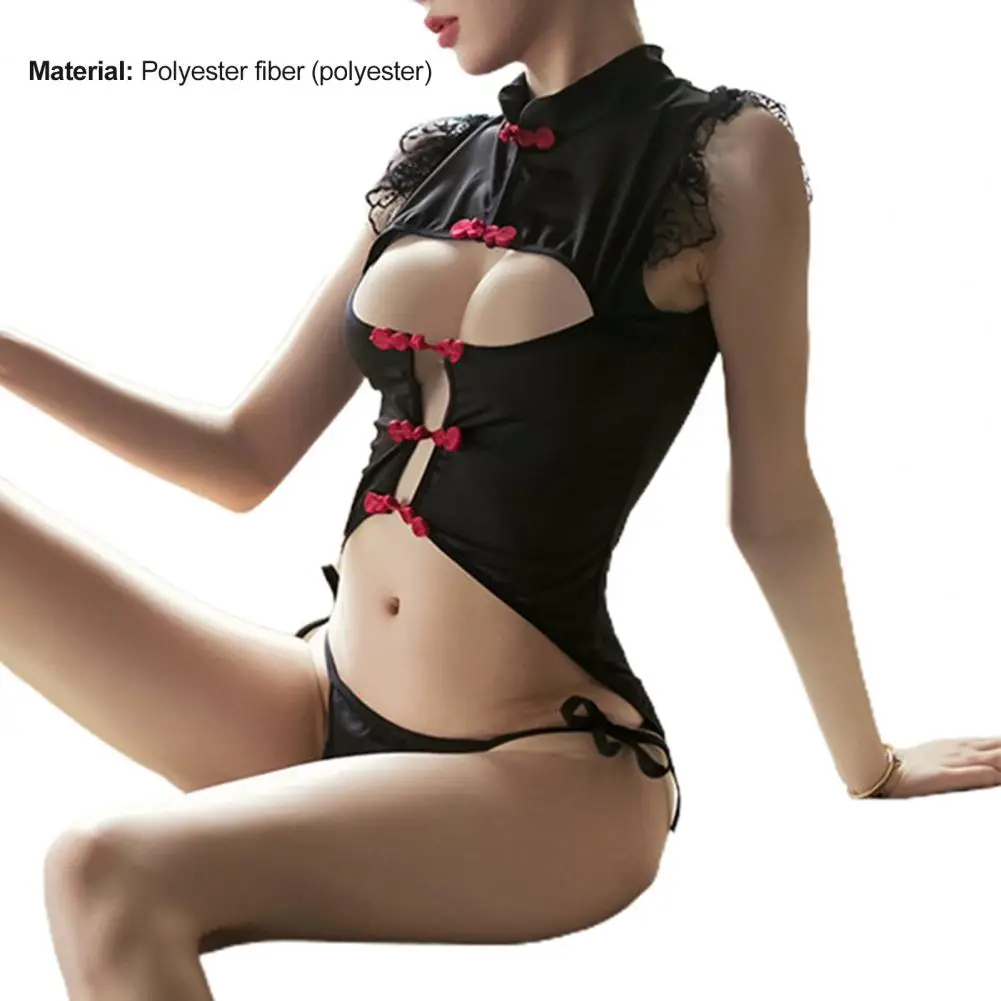 

1 Set Sexy Sleepwear Nightie Sleeveless Subdued Temptation Polyester Fiber Skintight Bodysuit Cheongsam for Anniversary Bedroom