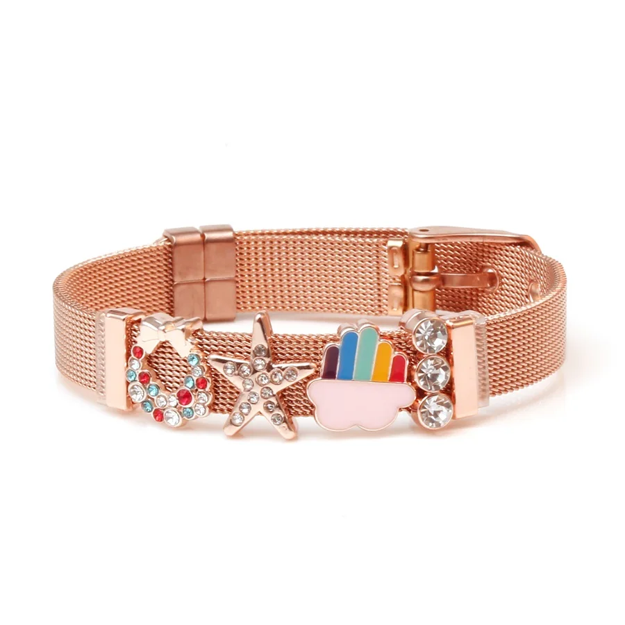 Браслет из нержавеющей стали под розовое золото с бусинами и Шармами | Украшения