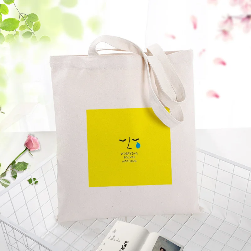 Желтая тканевая сумка тоут хозяйственная на заказ с принтом логотипа ручная для