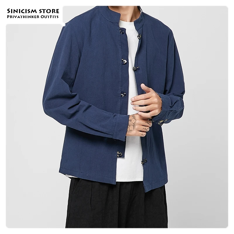 Sinicism Store мужские хлопковые льняные повседневные рубашки с пряжкой однотонные