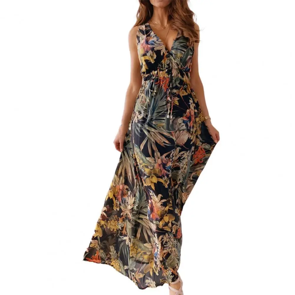 

Hot Sale!!Bohemian Women Dress Deep V Neck Backless Leaf Floral Print Sleeveless Maxi Dress Streetwear for Party