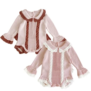 Одежда для маленьких девочек, вязаный детский комбинезон, Осенний детский вязаный комбинезон для девочек с расклешенными рукавами, хлопковый наряд принцессы, одежда для малышей