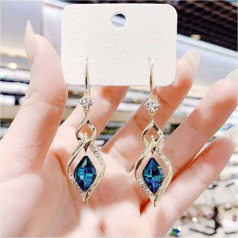 

Net Red Sterling Silver New Geometric Rhombus Blue Crystal Earrings Fashion Temperament Long Diamond Earrings For Women Jewelry