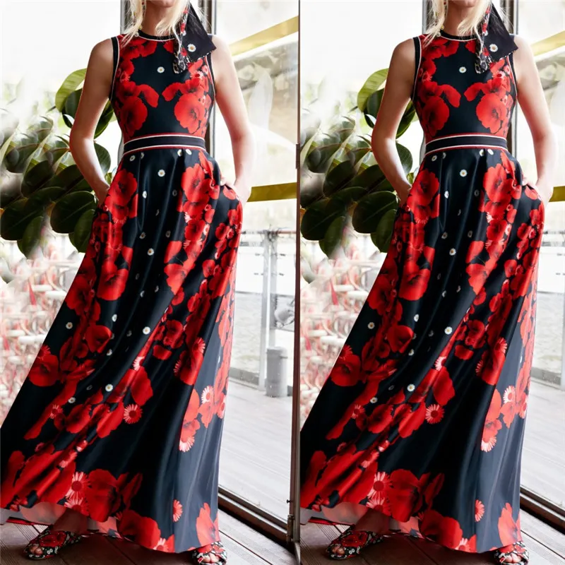 

2020 Summer Fashion Sleeveless Print Women Dress Vintage Pockets O-neck Slim Long Dresses