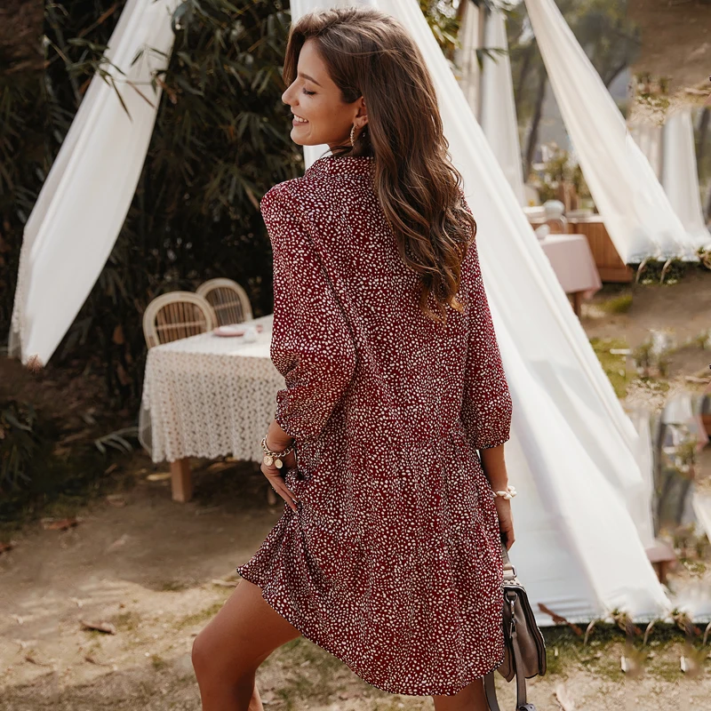 Женское Короткое платье на пуговицах повседневное свободное в горошек с рукавом