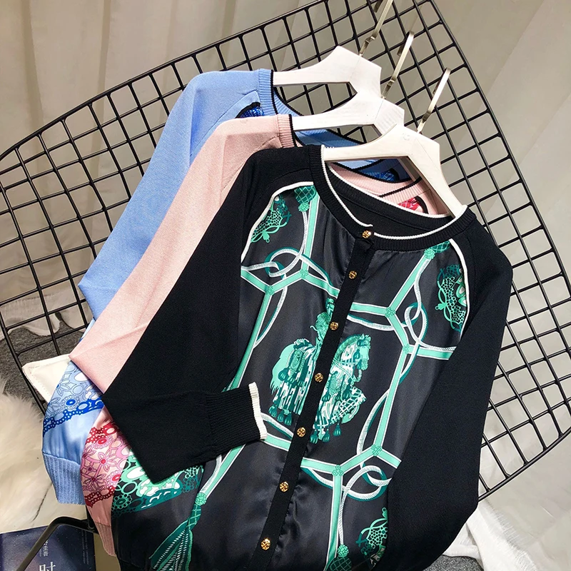 ALPHALMODA с принтом сатиновый, пэчворк вязаный свитер с длинным рукавом Женская новые тонкие трикотажные туфли в стиле ретро; одежда на осень куртка