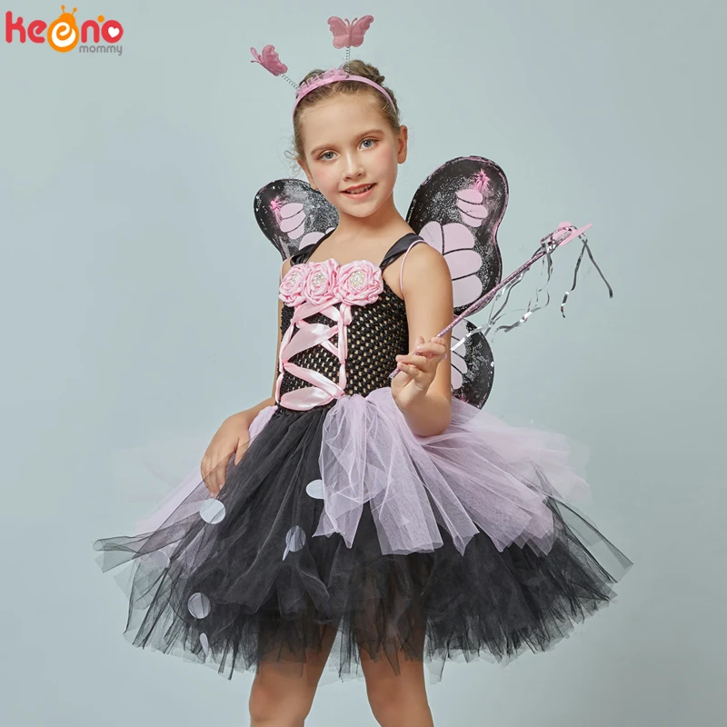 

Pink and Black Monarch Butterfly Tutu Dress with Wings Girls Insect Bug Butterfly Halloween Costume Kids Birthday Tutu Outfit