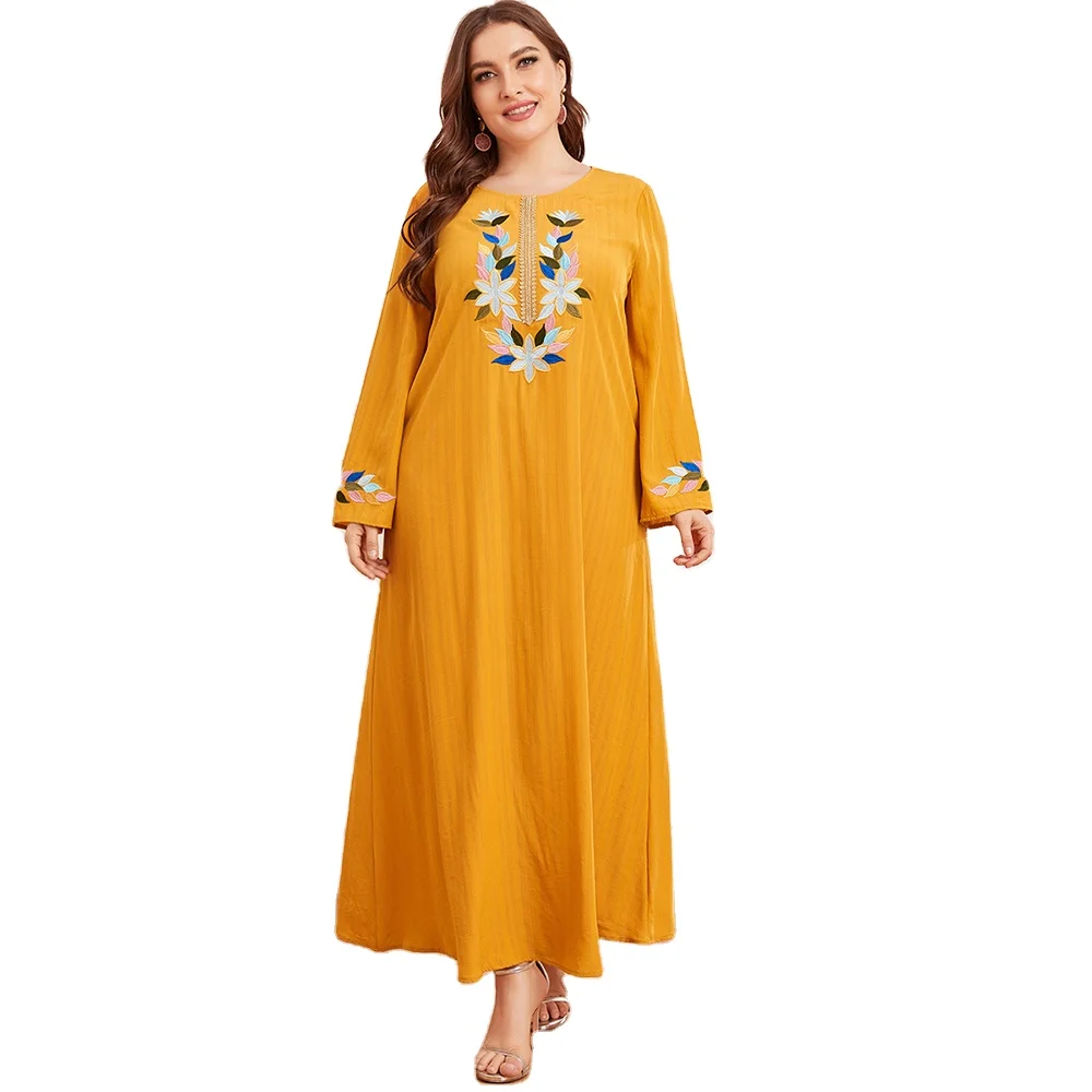 Для женщин вышитое платье свободное в талии, с длинными рукавами и круглым вырезом желтого цвета длинное платье модное платье мусульмански...