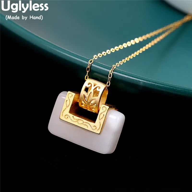 

Uglyless Natural Jade Lock Pendants Women Creative China Beauty Cultural Gifts Jewelry Gold 925 Silver Retro Necklaces NO Chains