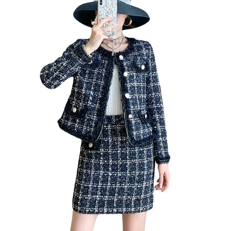 

Women's Set With Two Tweed Parts Vintage Set Of Parts With Short Jacket Elegant Chess For Autumn and Winter