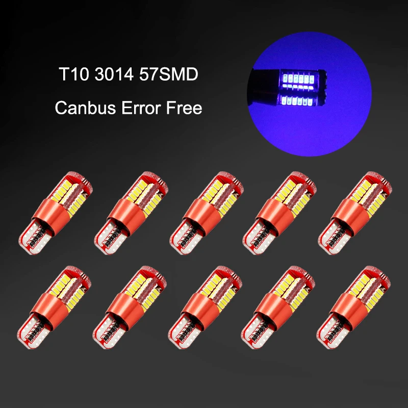 

10Pcs Blue T10 12V W5W 3014 57SMD LED Canbus Error Free Car Bulbs For 192 168 194 2825 Side Marker Lights Interior Lights