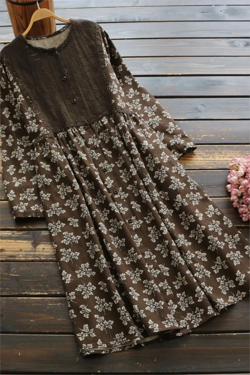 Женское хлопковое льняное платье 2019 с длинным рукавом на осень и весну цветочным