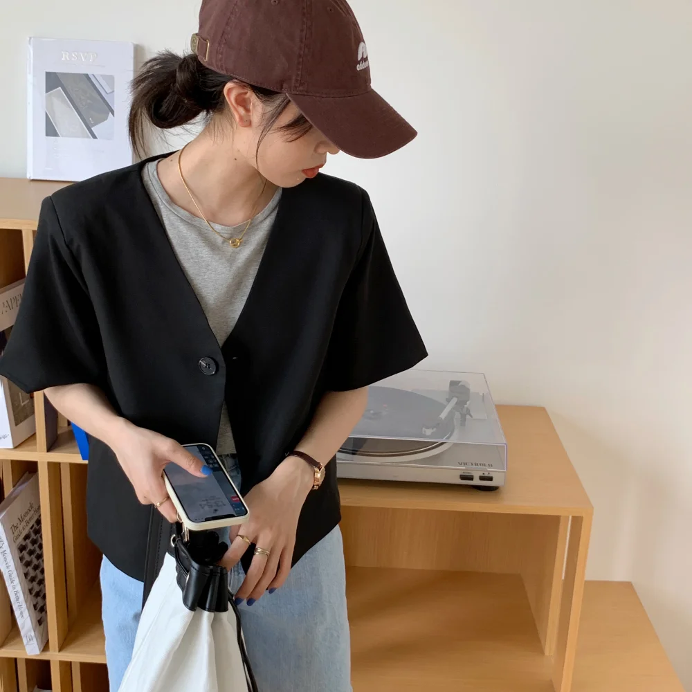 Женский короткий Блейзер однобортный пиджак с V-образным вырезом верхняя одежда