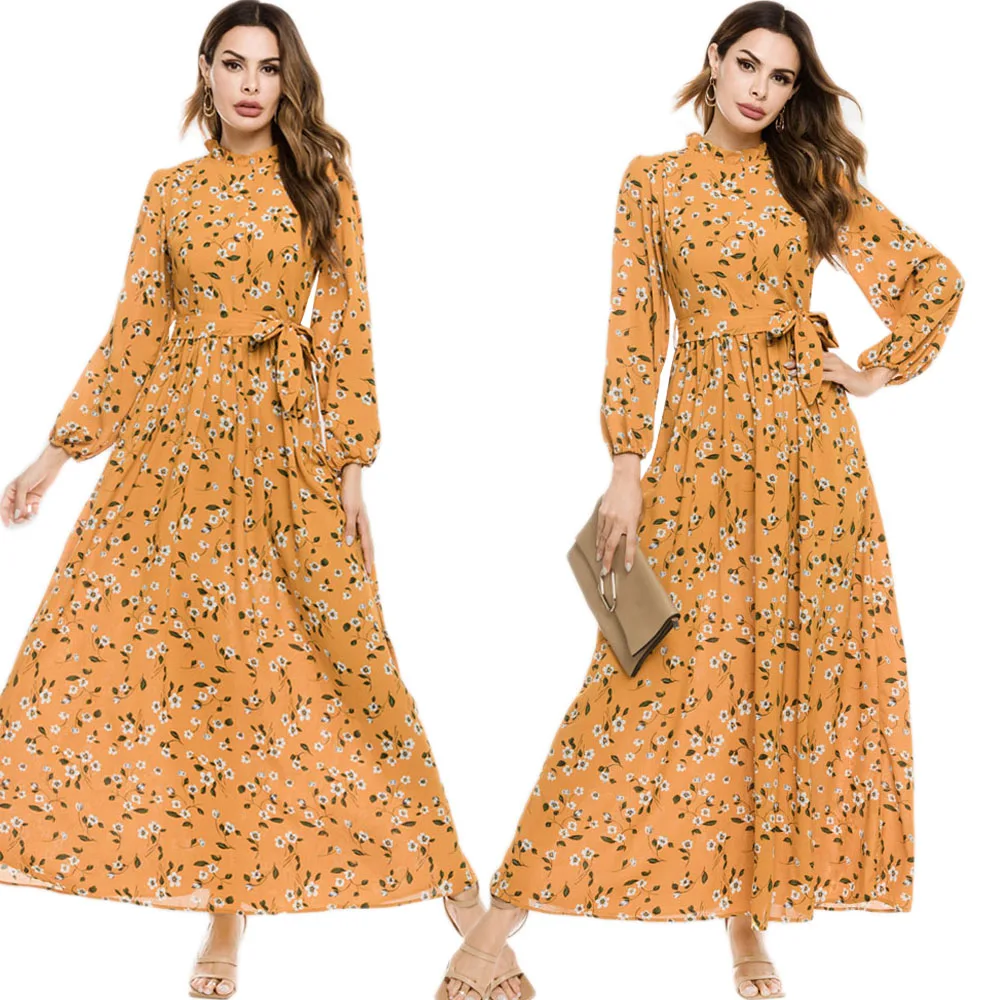 

Этническое богемное женское длинное платье с цветочным принтом Abayas Dubai Ближний Восток Повседневный Кафтан Макси платье Весна Осень Рамадан...