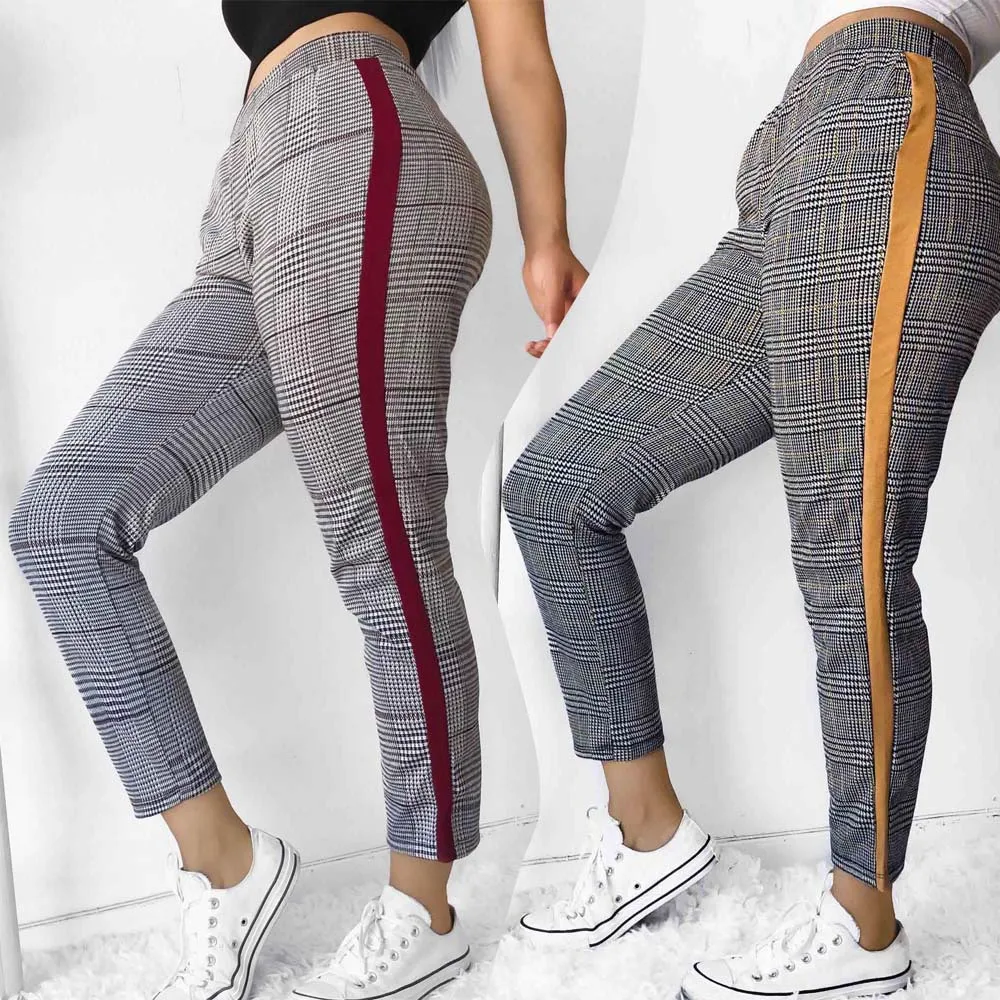 

Skinny Plaid Pencil Long Pants Side Patchwork Stripe Streetwear Casual Elastic Waist Sport Cropped Trousers Slim Sweatpant Femme