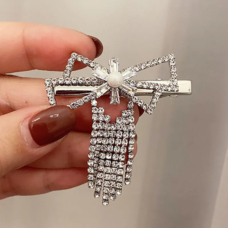 

Luxury crystal bowknot hairpin tassel hair clip woman hair clips duckbill clip party trend hair accessories headdress Hair Grips