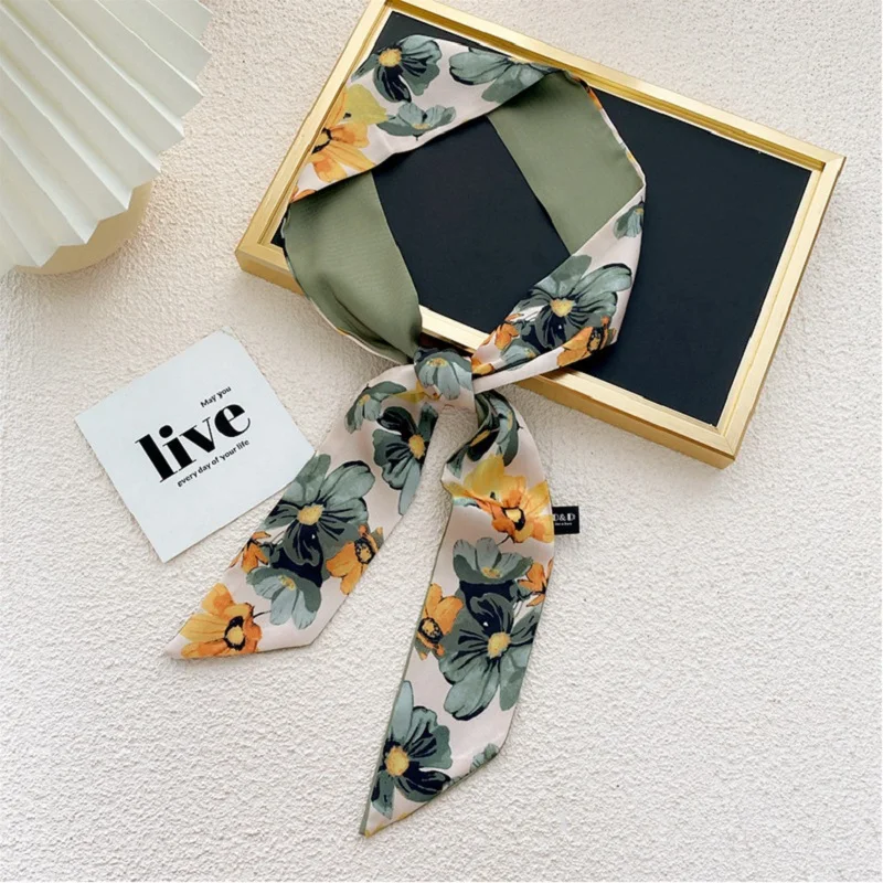 

6*125cm Silk Scarf For Women Floral Printed Handle Bag Ribbons Brand Fashion Head Foulard Small Long Skinny Scarves Jewelry Gift