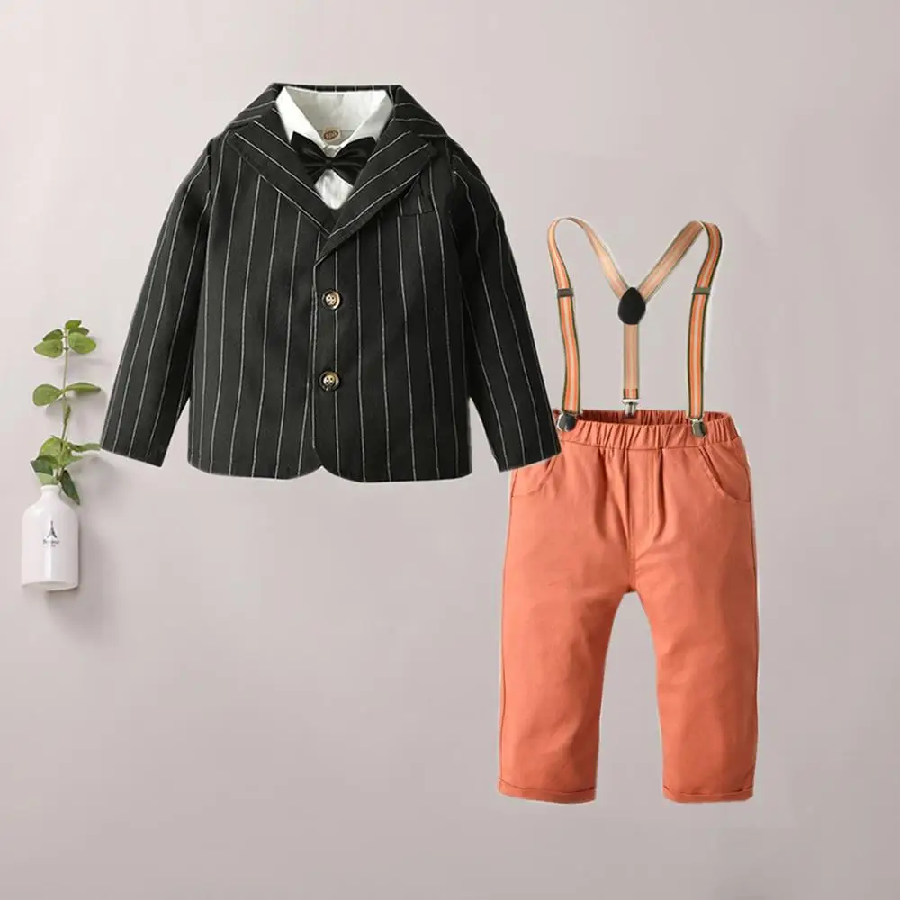 

Autumn Winter Boys Formal Wear 5 Piece Sets Striped Blazer+Shirts+Bow Tie+Removable Strap+Pants Party Wedding Boys Outfit 24M-6T