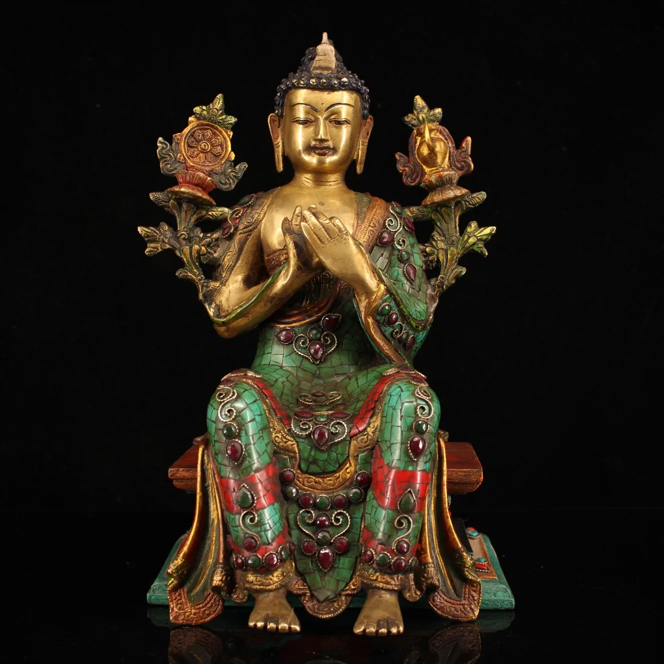 

13"Nepal temple collection Old Bronze outline in gold Painted mosaic Gem Shakyamuni Buddha Bench buddha Enshrine the Buddha