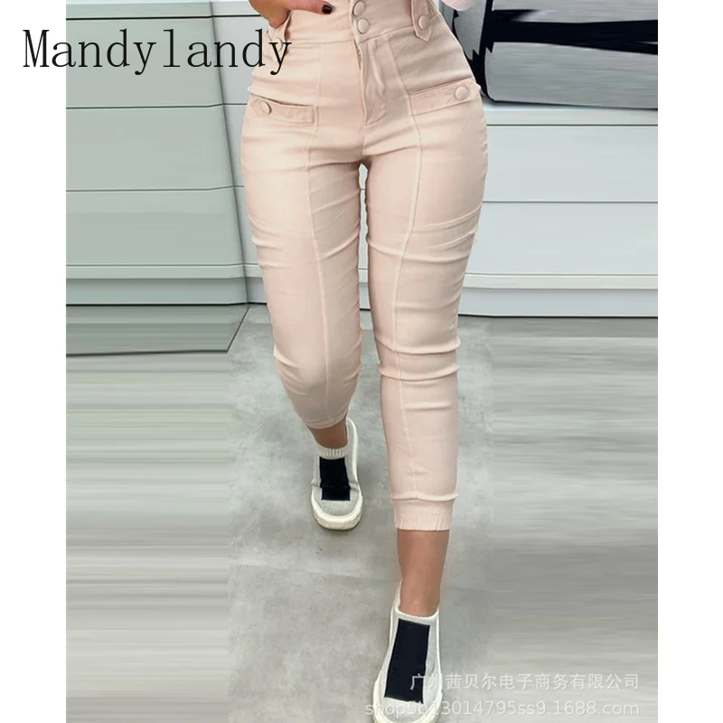 

Женские Элегантные брюки-карандаш Mandylandy с высокой талией, женские новые повседневные модные облегающие длинные брюки, уличная одежда