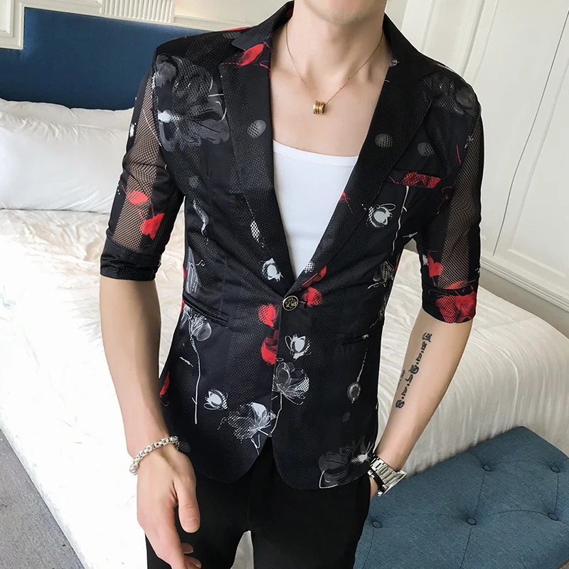 

mens Blazers Hollow design print coat men summer thin suit jacket Masculino social slim club clothing casual tuxedo translucent