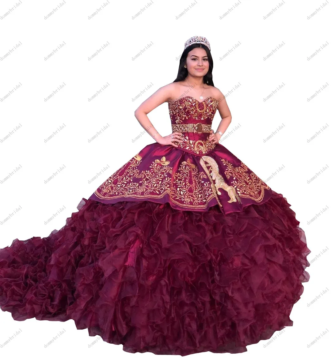

2021 Fashion Gold Embroidery XV Burgundy Ball Gown Satin Ruffles Charro Cheap Quinceanera Mexican Puffy Dresses Sweet 15 16